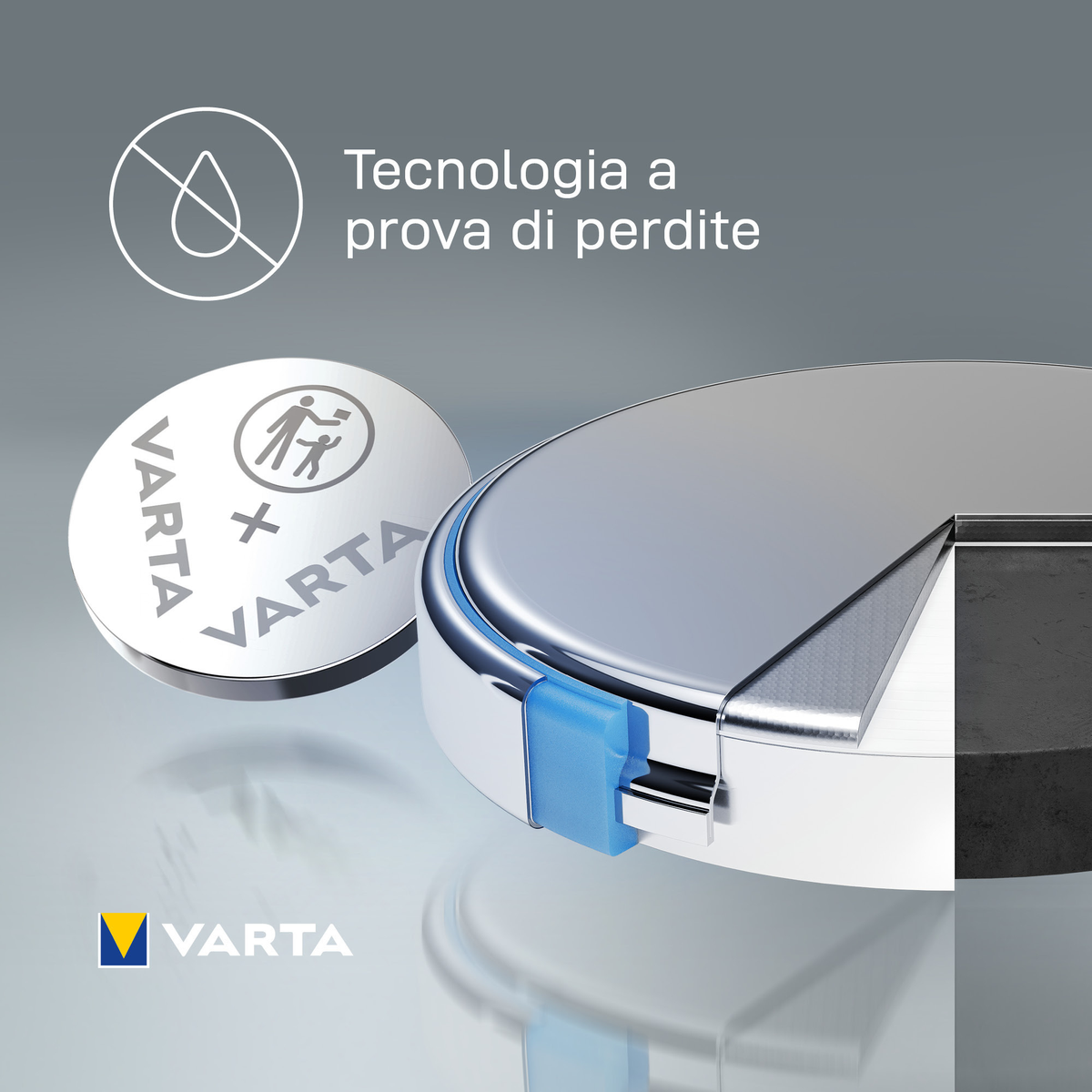 VARTA-batterij met een doorsnede, een kleinere batterij en tekst die lekvrije technologie aangeeft.