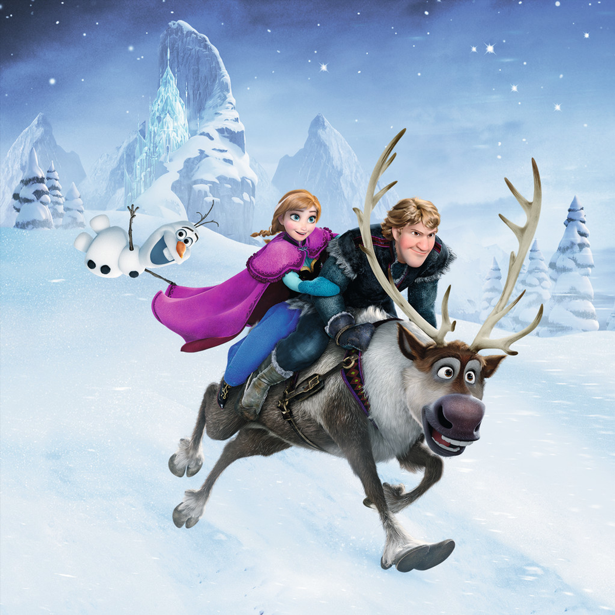 Anna und Kristoff reiten auf Rentier Sven, Olaf schwebt daneben.