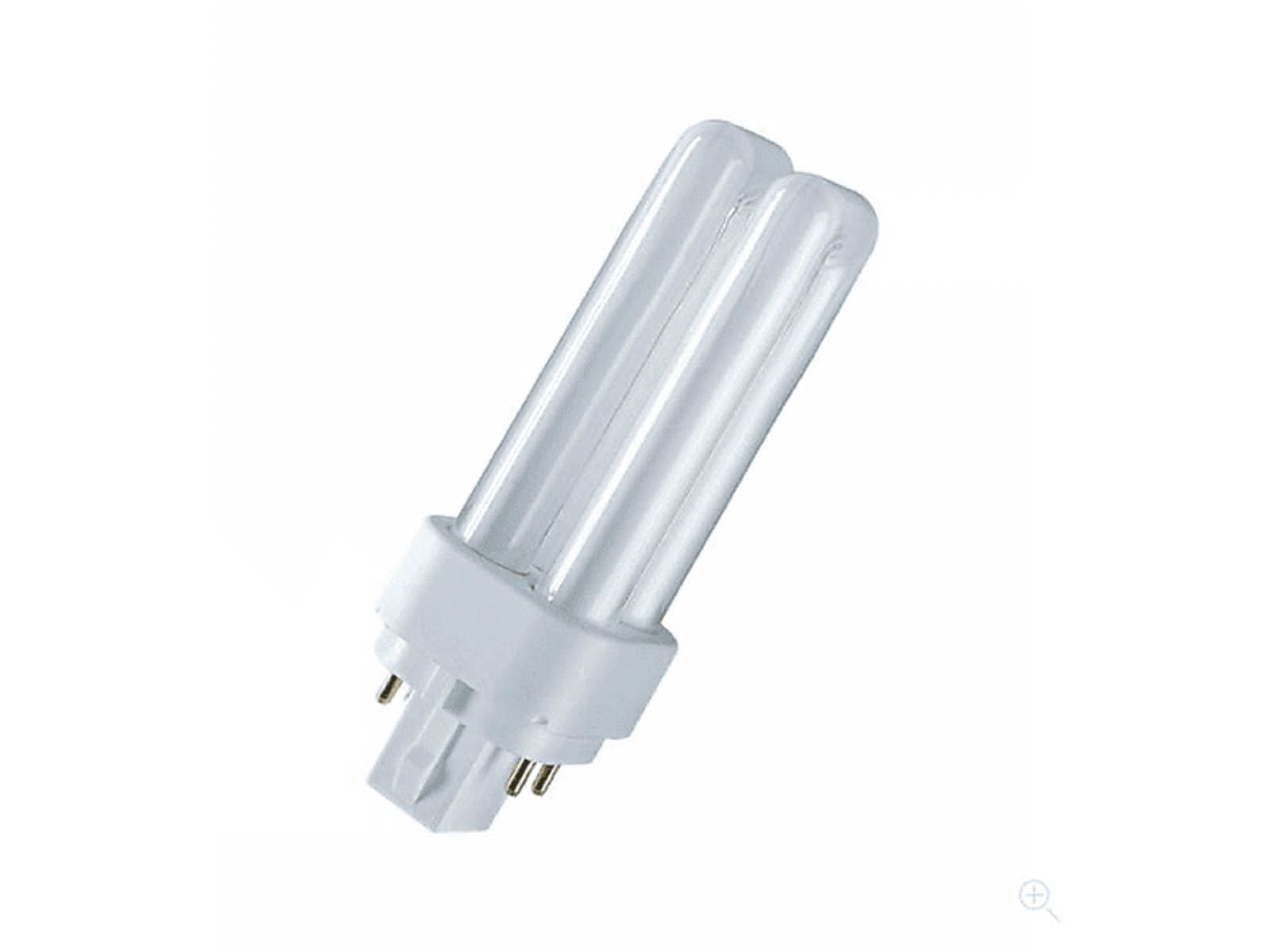 Lampadina fluorescente compatta con due tubi e base bianca.