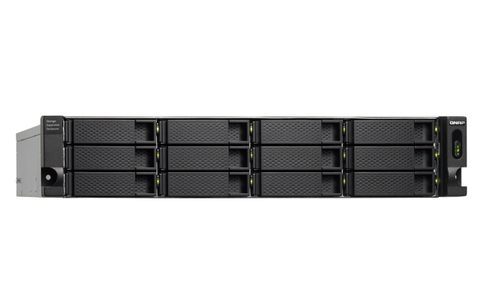 NAS-Server mit gestapelten Laufwerksschächten, weißer Hintergrund.