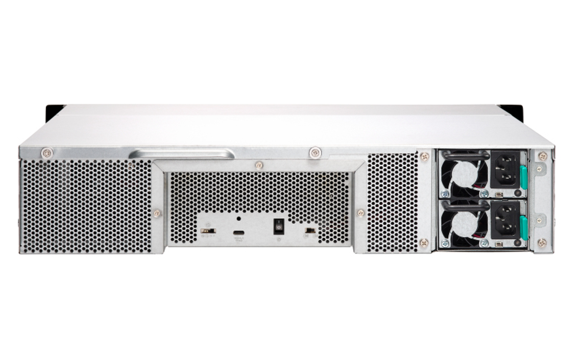 Rückansicht eines Servers mit Lüftern und Anschlüssen. Silbernes Metallgehäuse auf weißem Hintergrund.