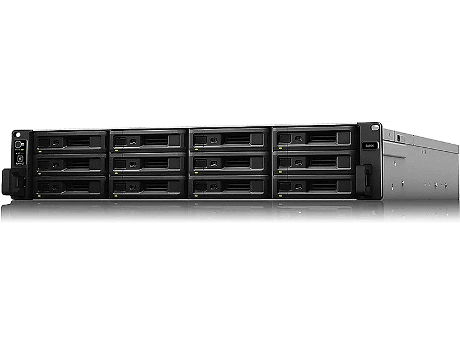 Server con più vani unità, nero, su sfondo nero. Vista frontale, con vani unità.