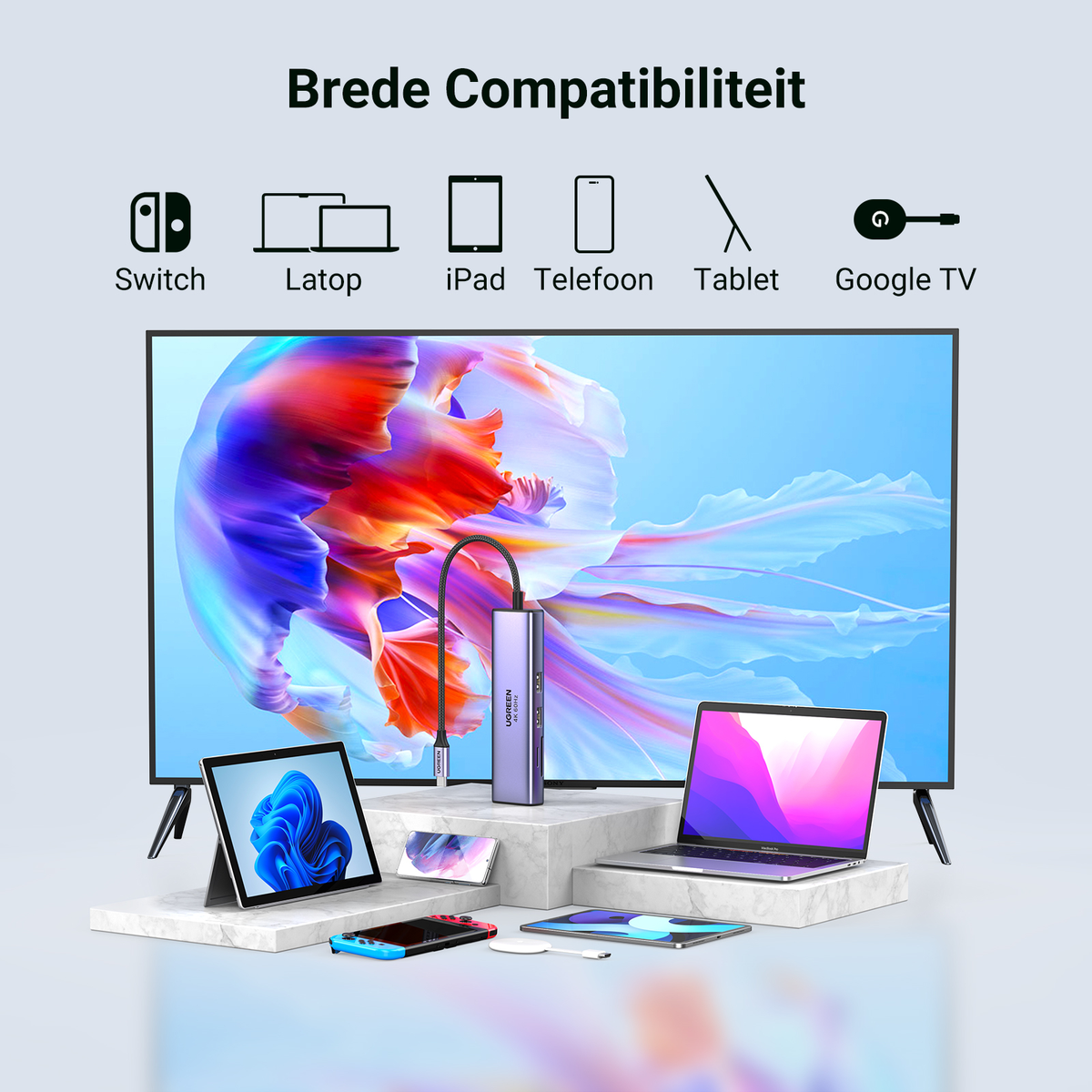 Eine Vielzahl von Geräten, die mit einem Hub verbunden sind, darunter ein Fernseher, Tablet, Laptop und Telefon. Text zeigt Kompatibilität.