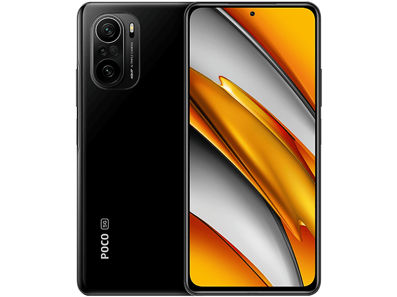 Ein schwarzes Smartphone mit gold-orangenem Farbverlauf auf der Rückseite, das die Kameras und den Bildschirm zeigt.