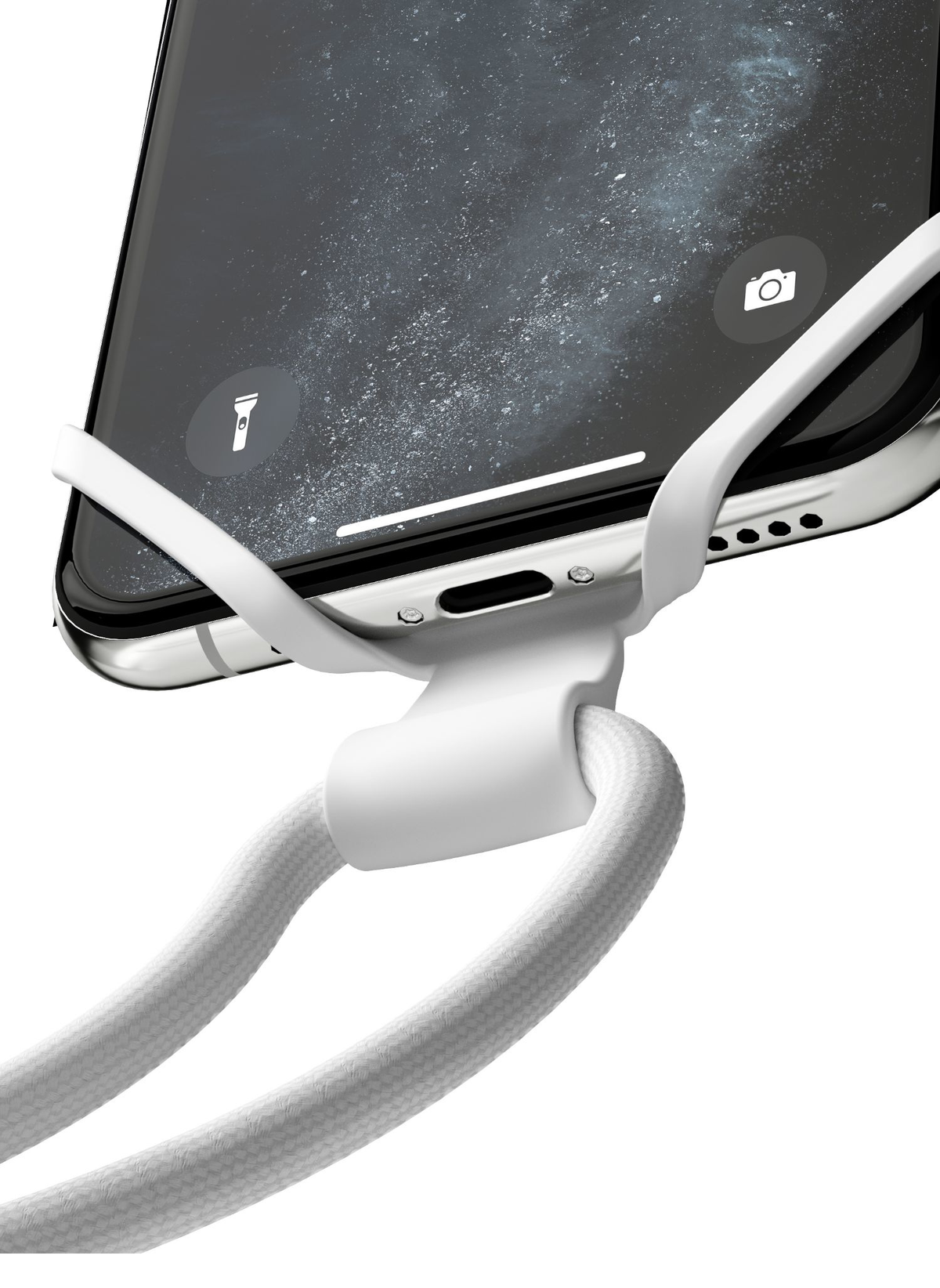 Primer plano de un teléfono con una correa blanca adjunta. La pantalla del teléfono muestra iconos de aplicaciones. La correa está conectada a la funda del teléfono.