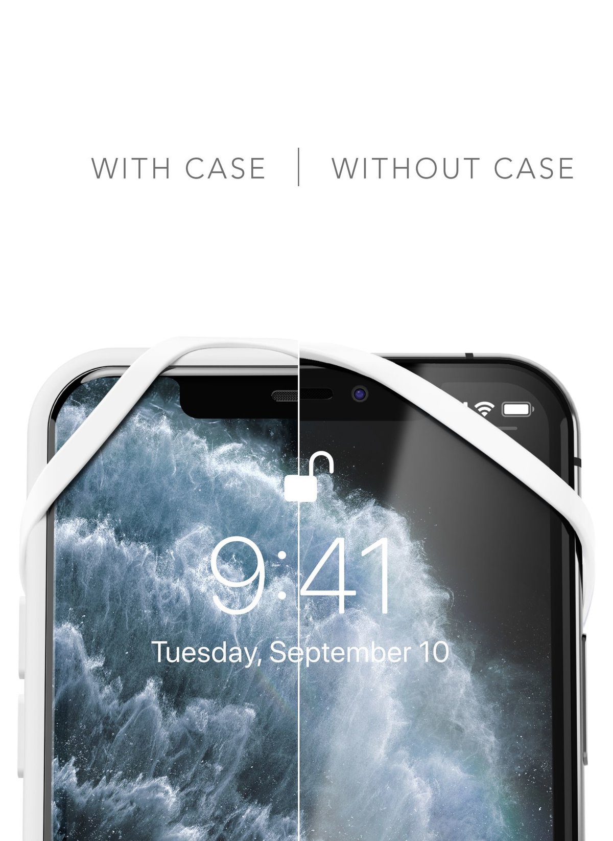 Una pantalla dividida muestra con y sin funda. La hora es 9:41, martes 10 de septiembre. Funda blanca con correa blanca.