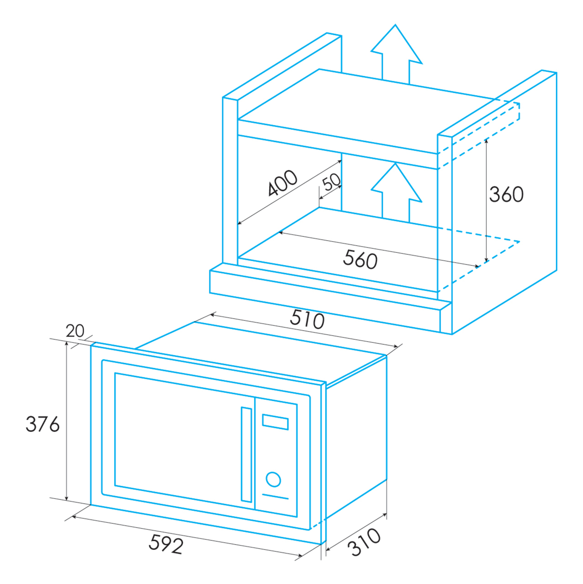 Schema einer Mikrowelle. Zeigt Abmessungen, mit der Mikrowelle über einem Schrank.