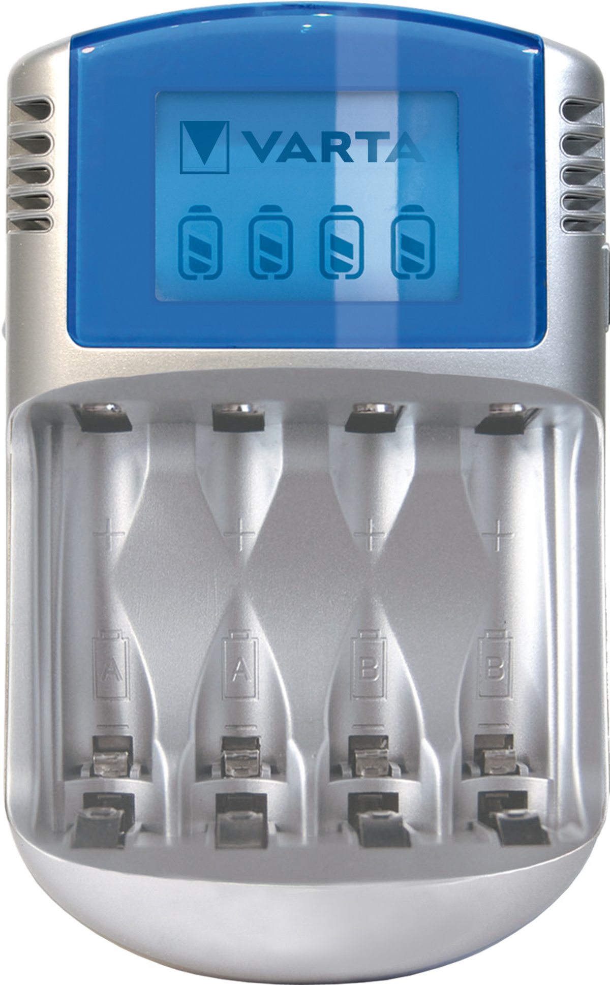 Chargeur de batterie Varta argenté avec écran bleu, quatre emplacements.