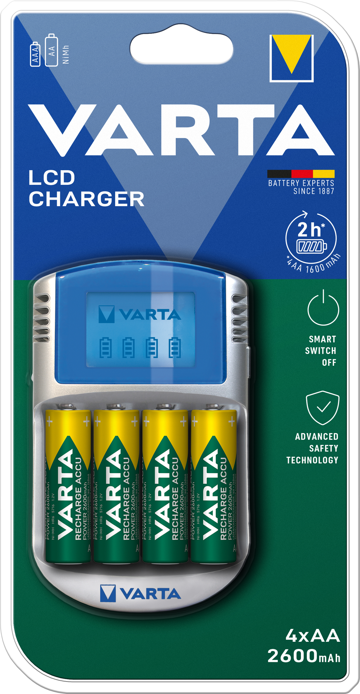Chargeur de batterie VARTA en emballage, avec écran LCD et 4 piles AA rechargeables.