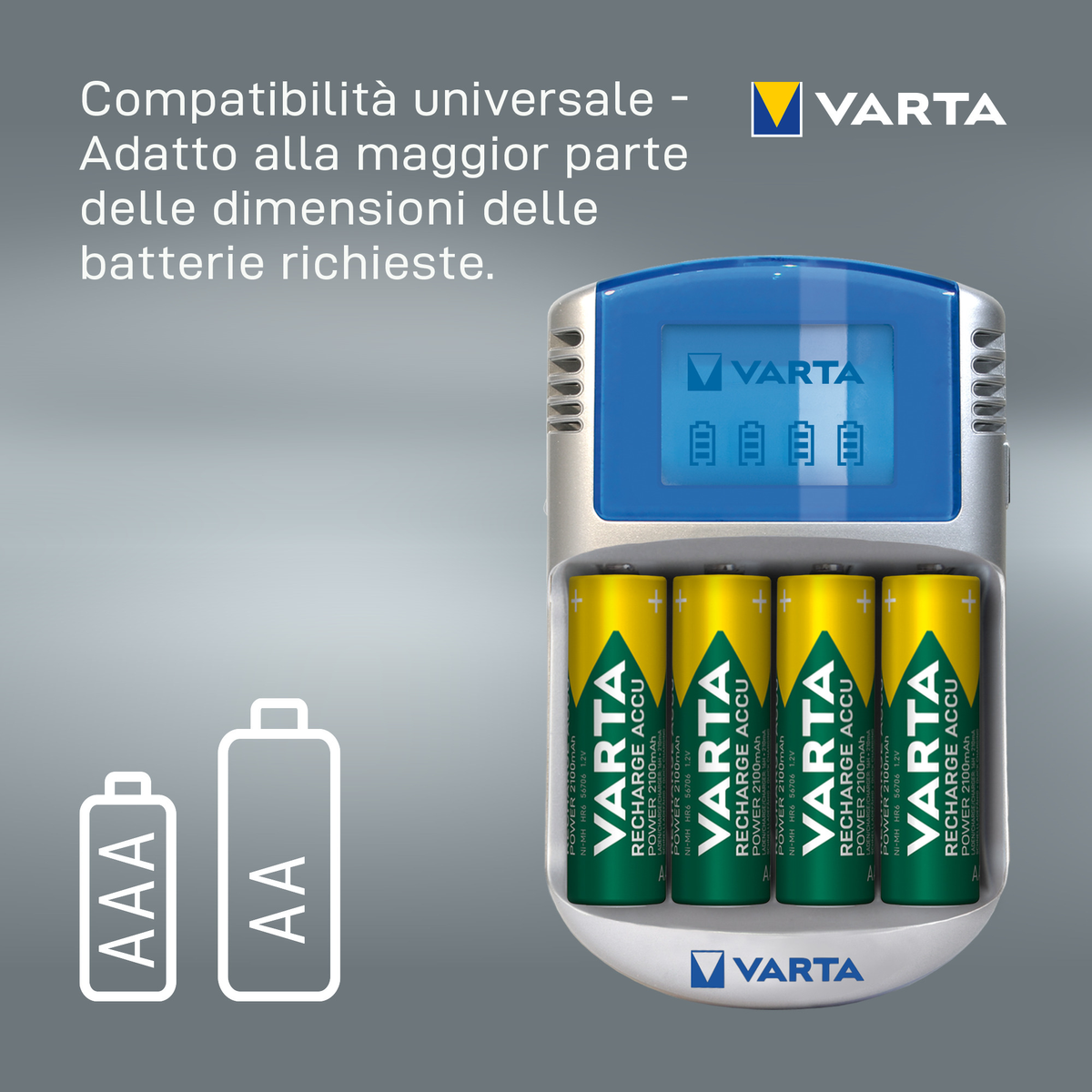 Chargeur de batterie Varta avec quatre piles jaunes étiquetées 'VARTA RECHARGE ACCU'. Fond gris.