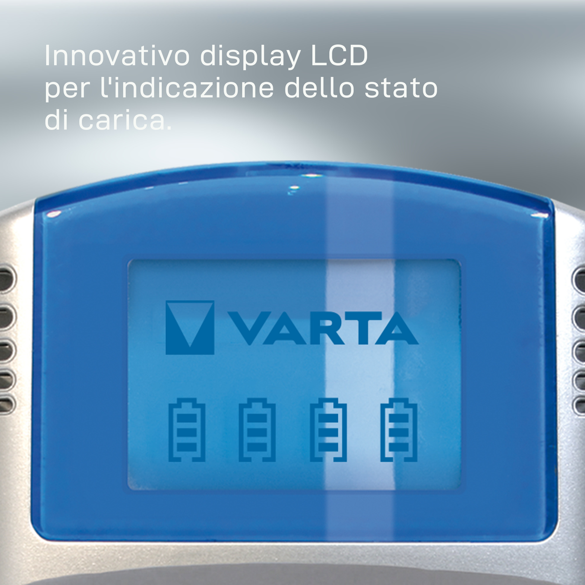 Appareil bleu et argenté avec logo VARTA sur l'écran, affichant des indicateurs de niveau de batterie.