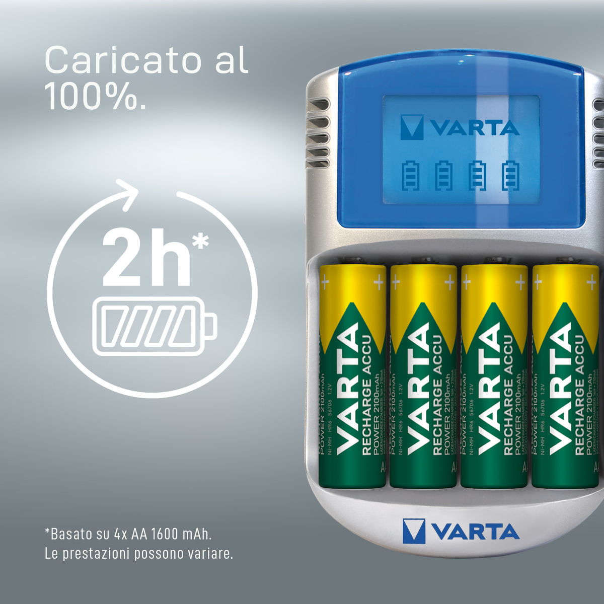 Chargeur de batterie Varta avec 4 piles AA vertes et jaunes. L'écran affiche des icônes de batterie.