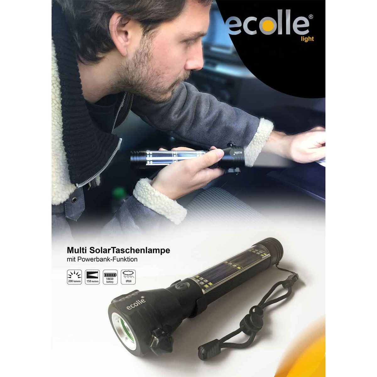 Mann benutzt Solar-Taschenlampe, mit Produktdetails und Branding sichtbar. Dunkler Hintergrund.