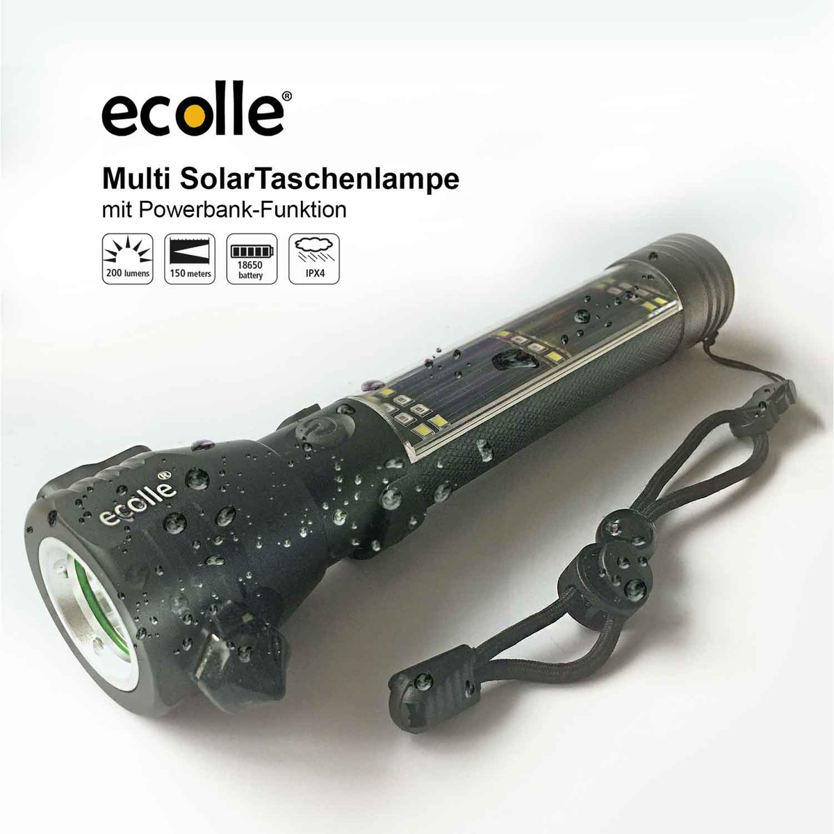 Schwarze Solar-Taschenlampe. ECOLLE-Marke, mit Symbolen für Lumen, Meter, Batterie und Wasserfestigkeit.