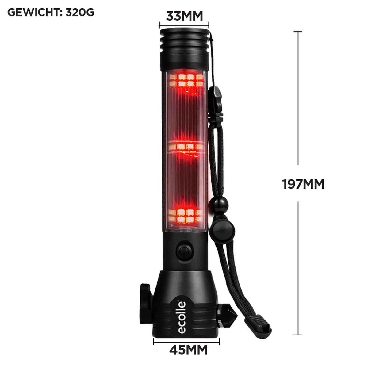 Schwarzer und roter Notfall-Lichtstab mit Maßen und einer Handschlaufe.
