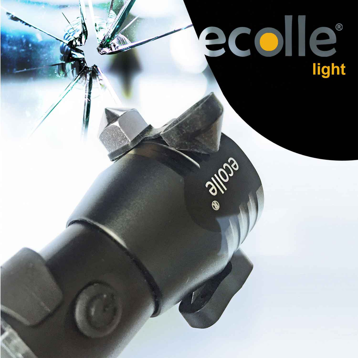 Schwarzes Multi-Tool mit Glasbrecherspitze und dem Markennamen 'ecolle'.