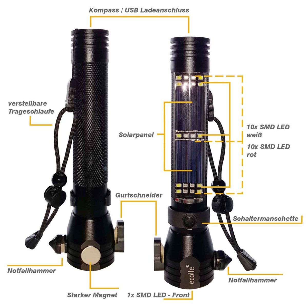 Zwei schwarze Taschenlampen mit Etiketten, eine mit Solarpanel, weißer Hintergrund.