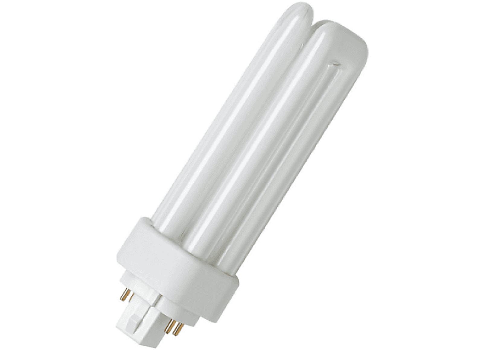 Lampada fluorescente compatta bianca con quattro pin e due tubi.