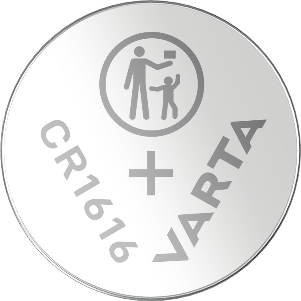 Silver circular battery, CR1616 and VARTA text, with a child safety symbol.