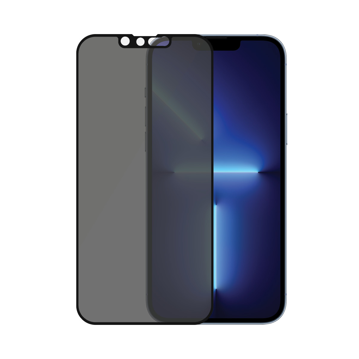 Telefono con protezione schermo, nero. Lo schermo mostra luce blu e bianca.
