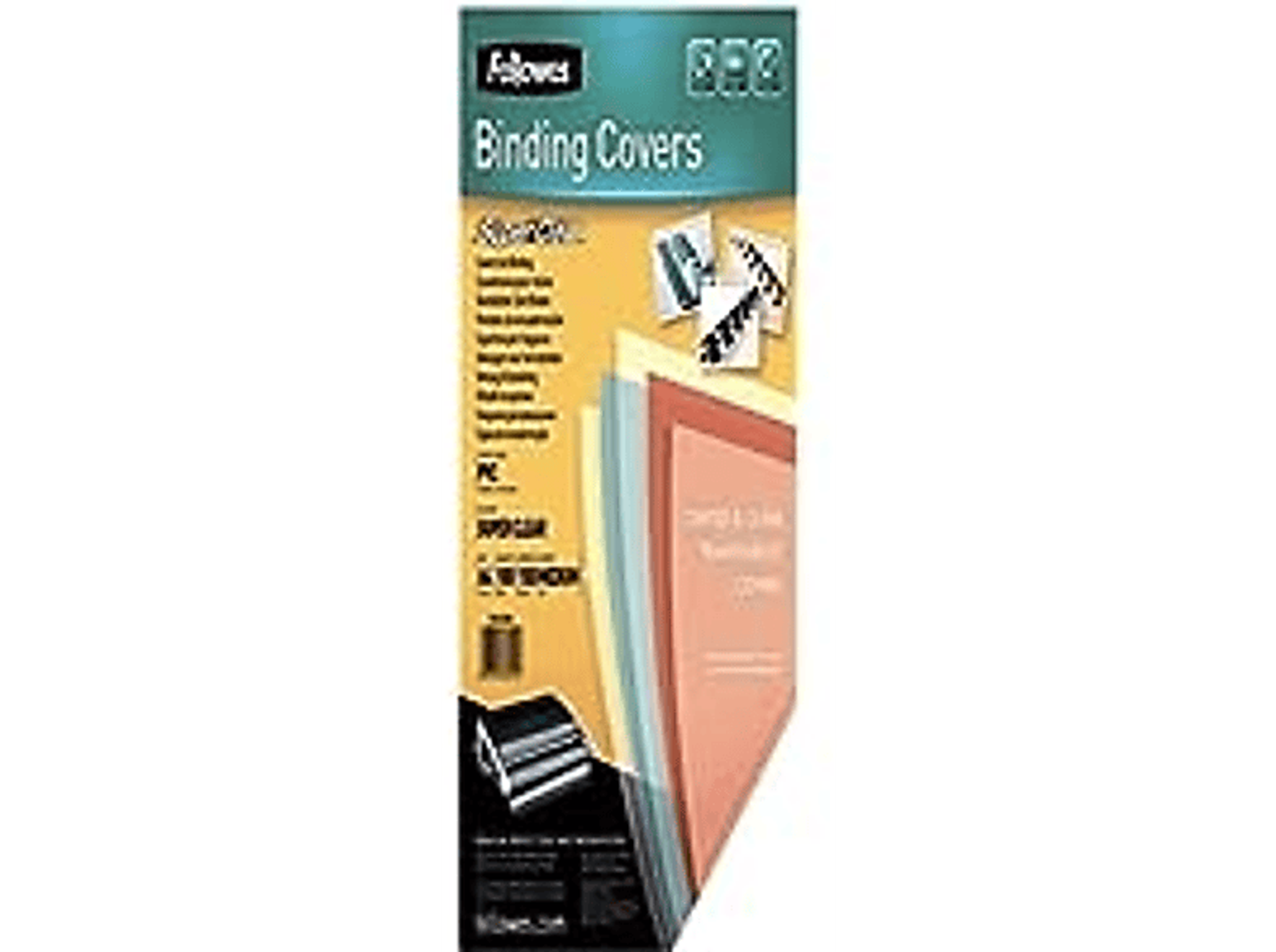 Eine Fellowes Bindemappen-Verpackung mit einer Anzeige von transparenten, blauen und roten Bindemappen.
