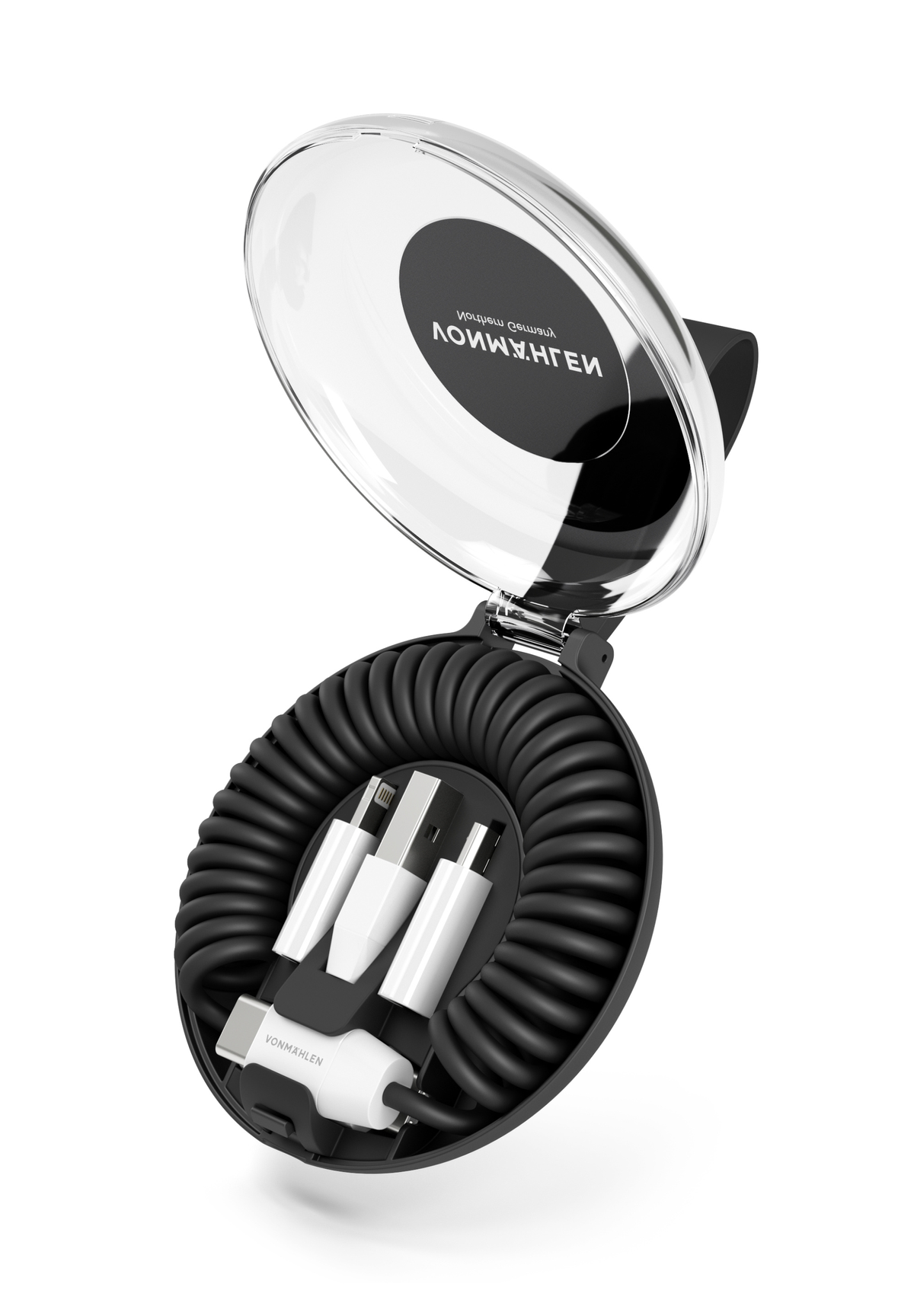 Organizzatore di cavi a spirale nero con cavi e coperchio trasparente.