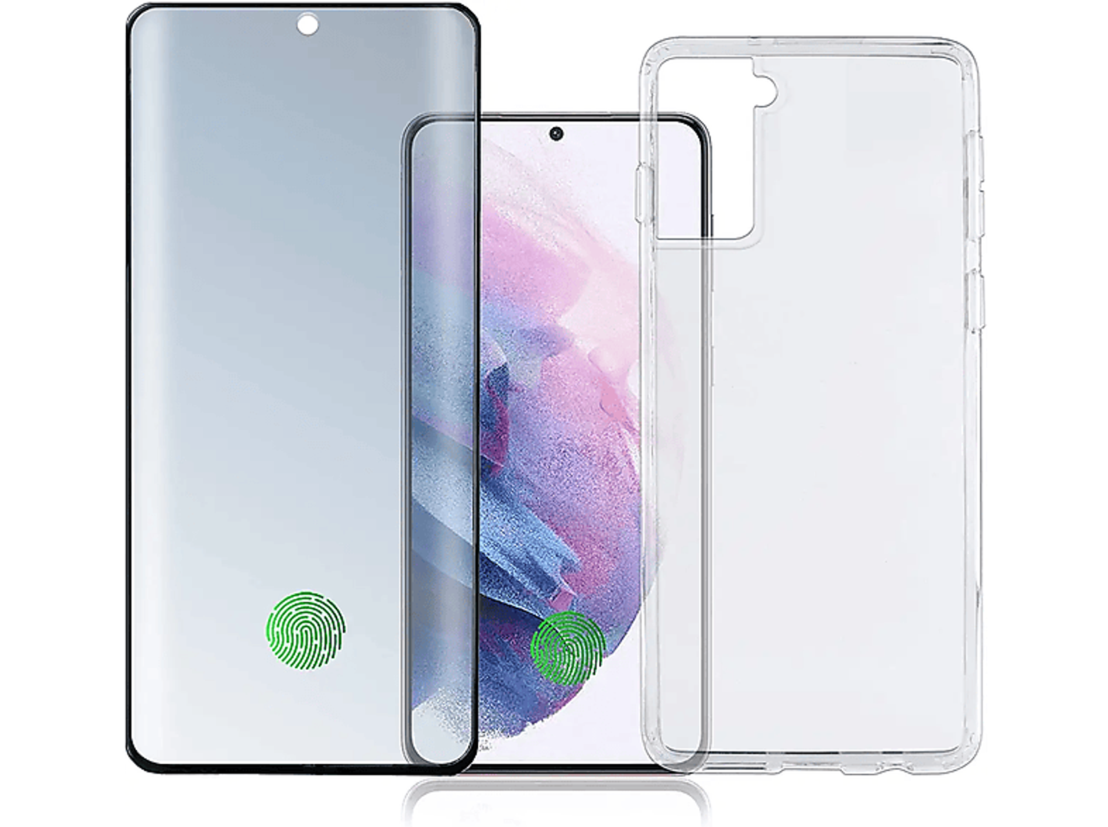 Telefono con protezione schermo e custodia, due impronte digitali visibili.