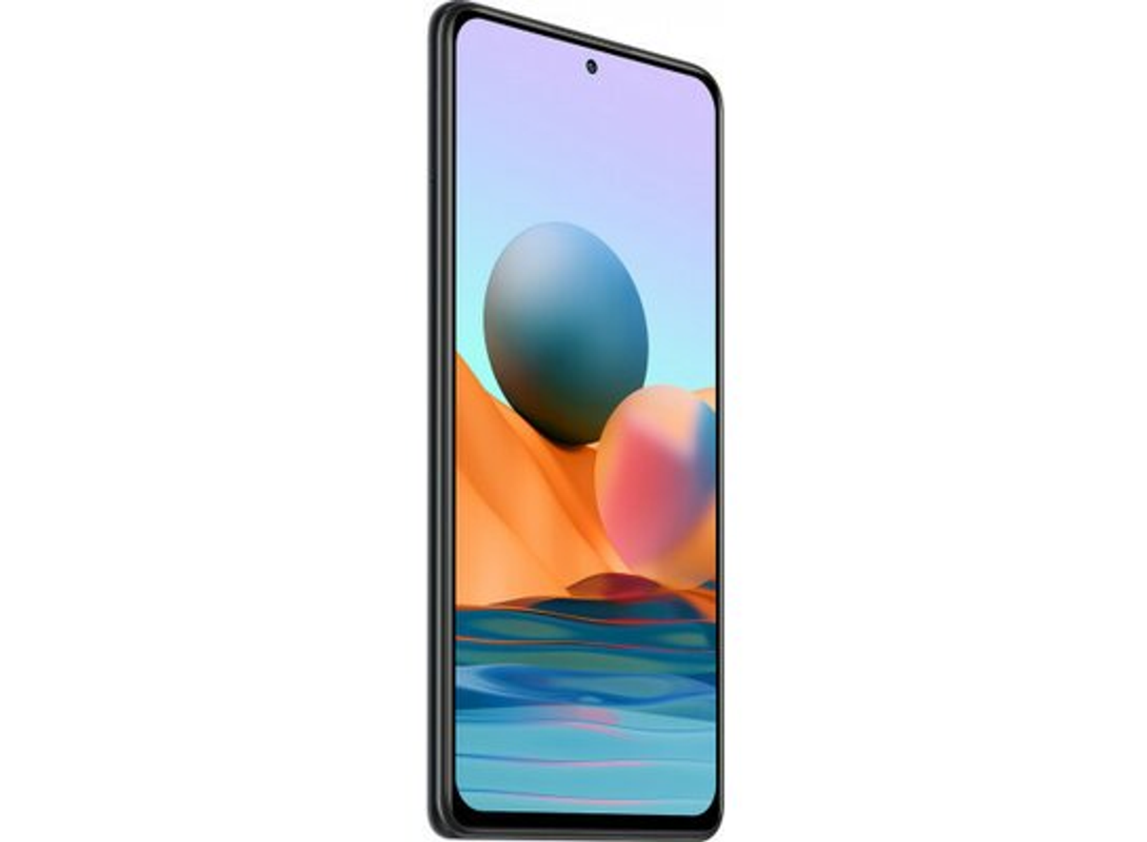 Ein Smartphone mit farbenfrohem Bildschirm, das eine Naturszene zeigt, in einem Winkel gehalten.