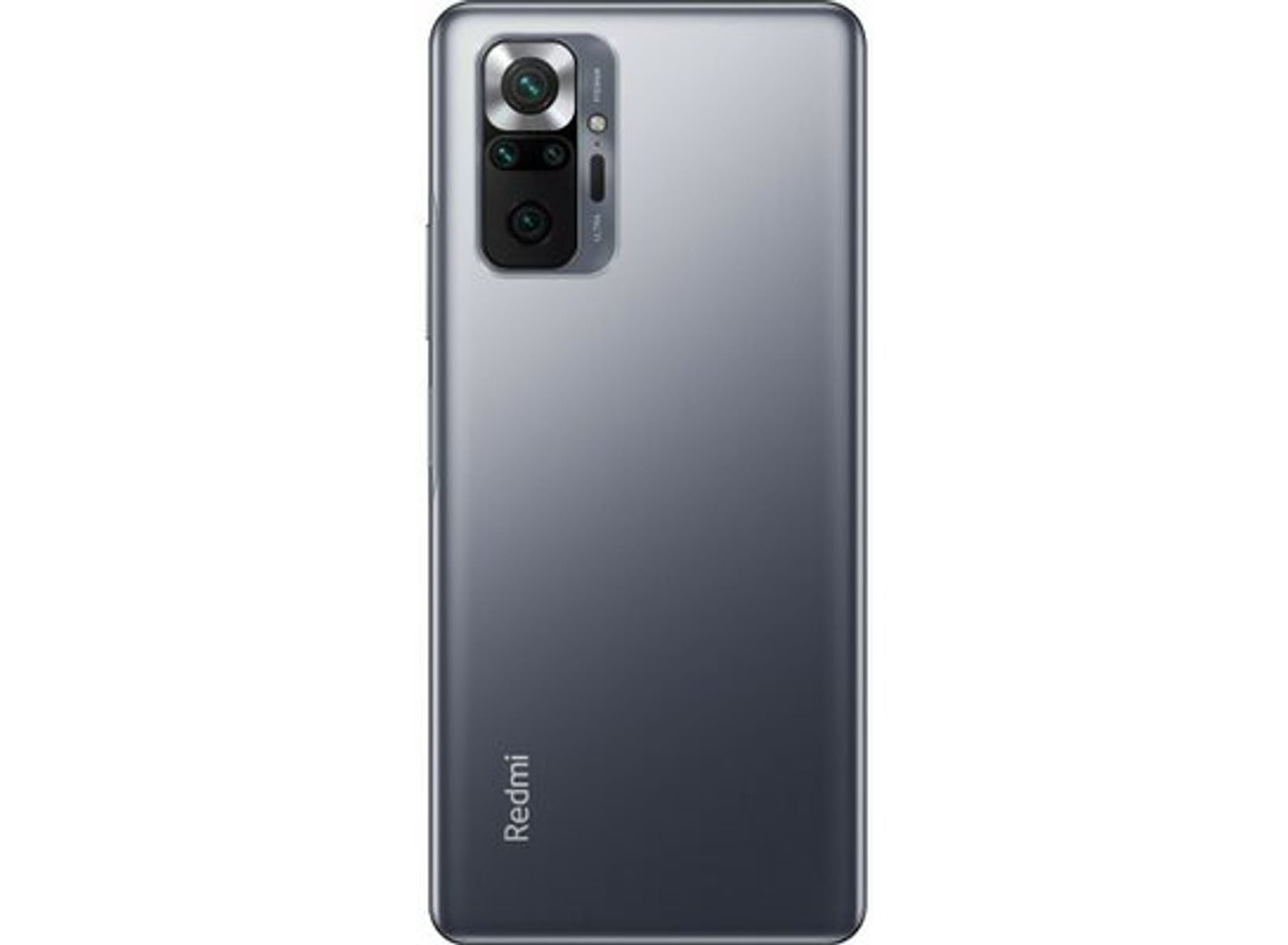 Rückansicht eines grauen Redmi-Smartphones mit Kameramodul. Weißer Hintergrund.