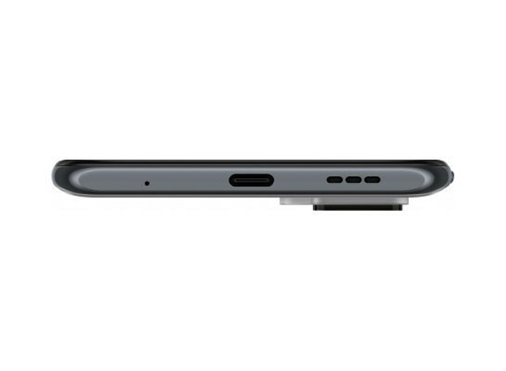 Unteransicht eines dunkelgrauen Smartphones. USB-C-Anschluss, Lautsprecherlöcher und Mikrofon. Schwarzer Hintergrund.