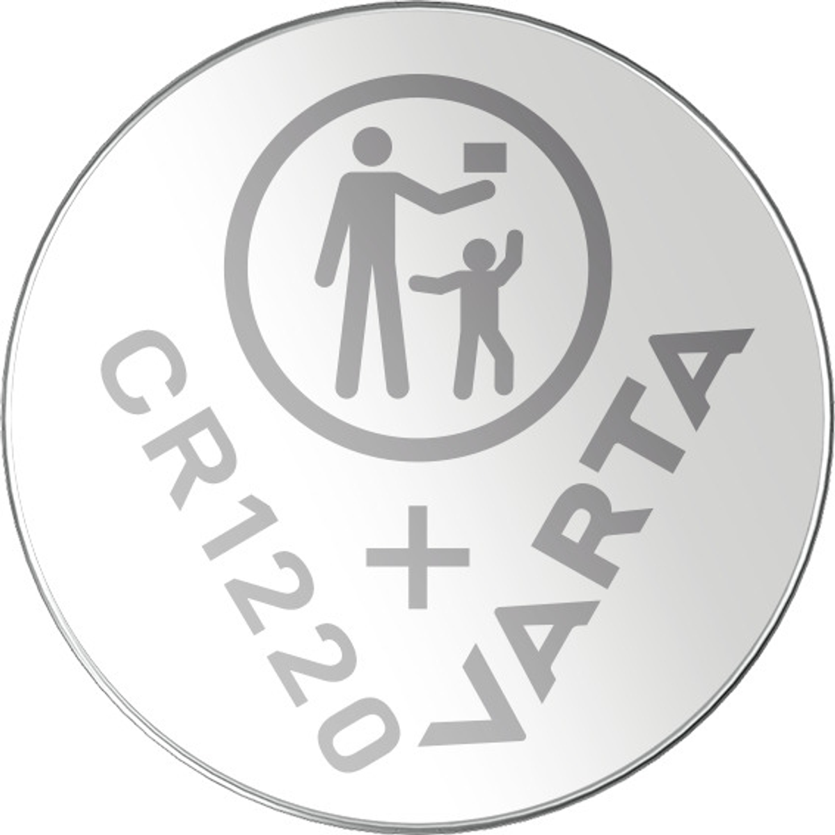 Round battery with a child and adult symbol, the text CR1220 and VARTA.