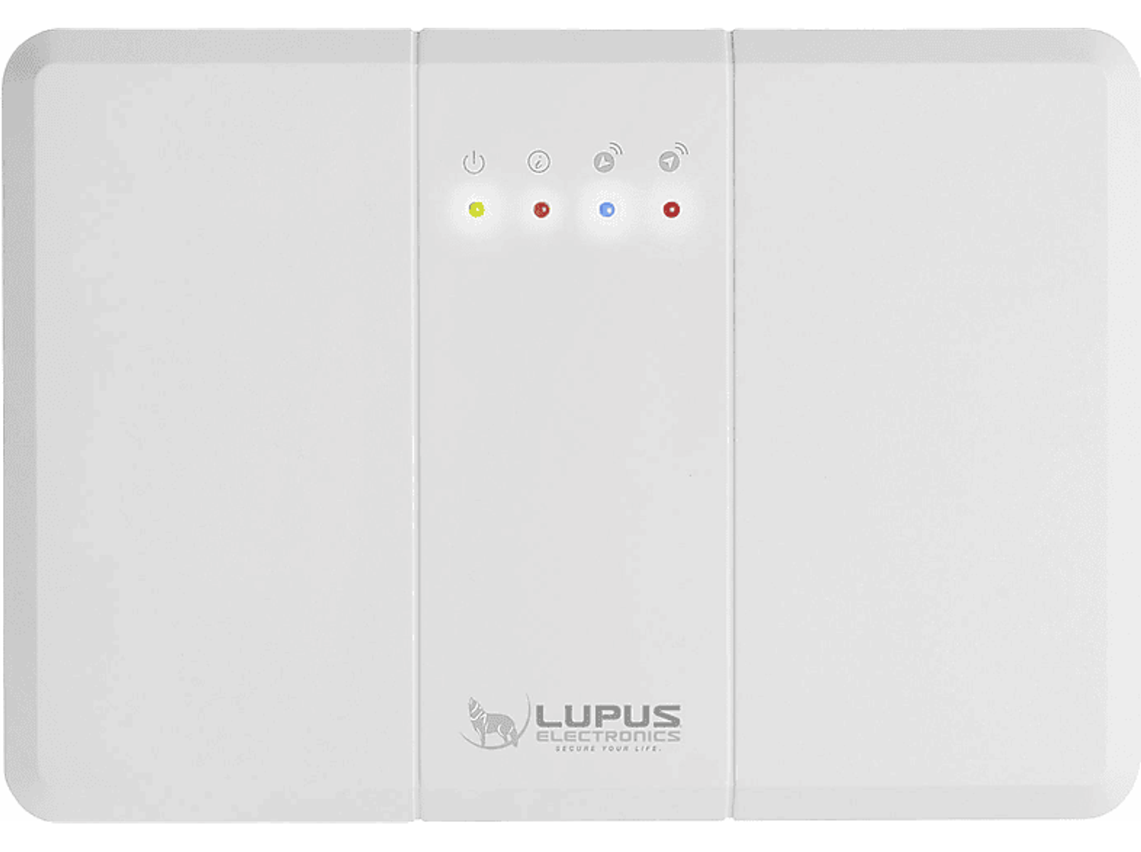 Weißes Gerät mit drei Lichtern. Grün, rot und blau. Logo: LUPUS ELECTRONICS.