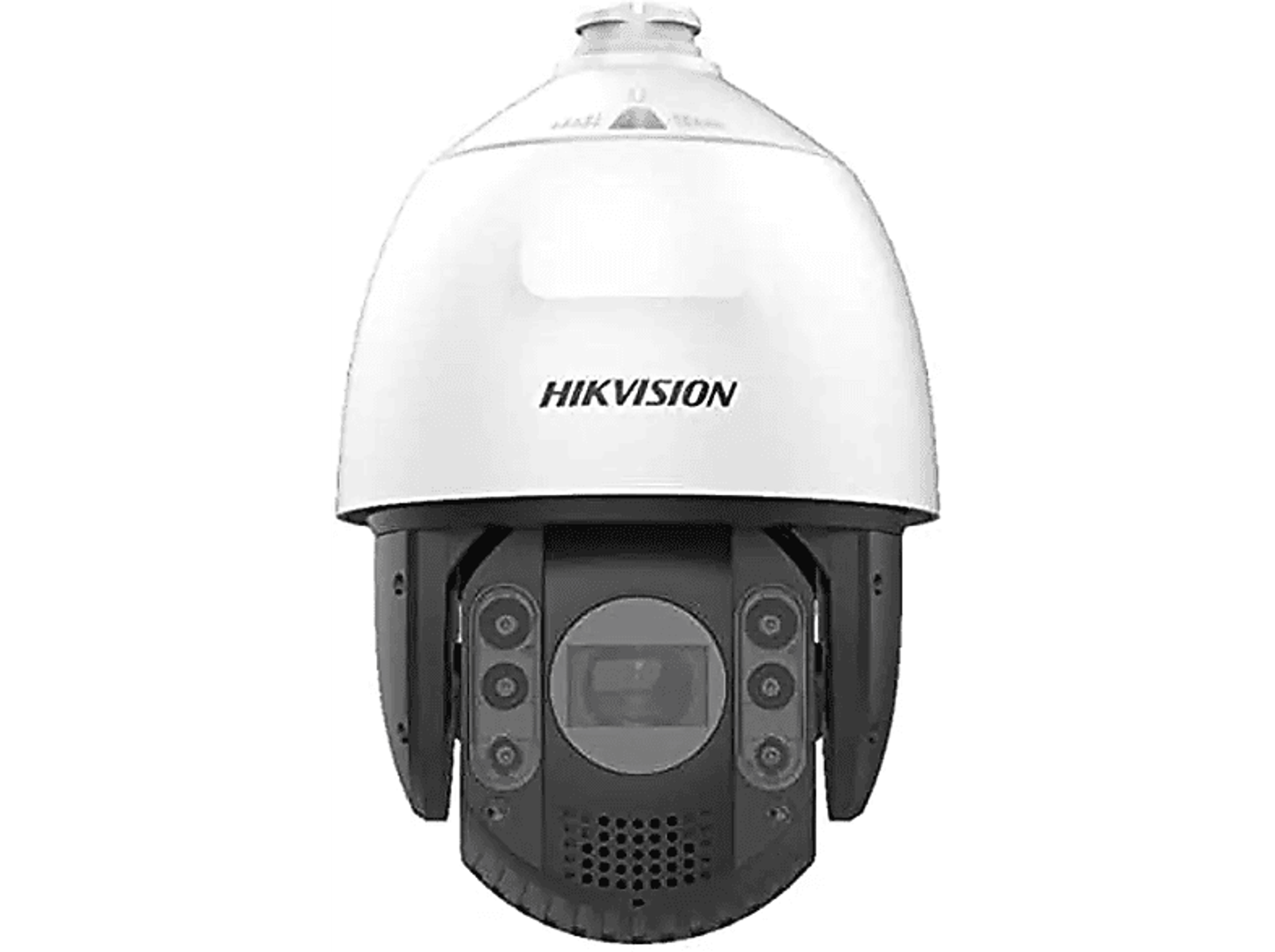 Sicherheitskamera, Schwarz-Weiß. HIKVISION-Logo. Kuppelförmig, mit mehreren Objektiven.