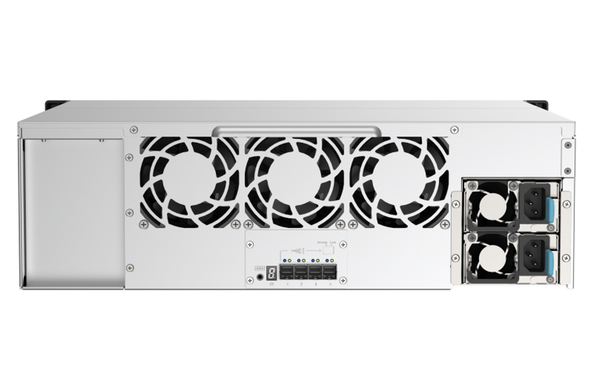 Rückseite eines NAS-Servers mit Lüftern, Stromanschlüssen und verschiedenen Anschlüssen, alles auf weißem Hintergrund.