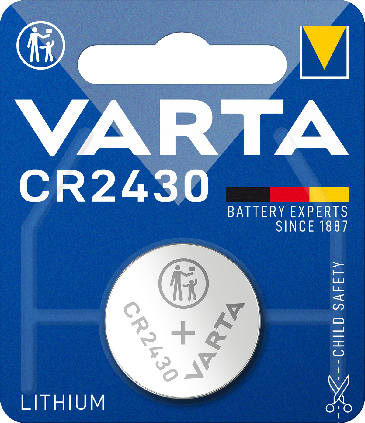 Blauwe en witte Varta-batterijverpakking, CR2430-batterij zichtbaar. Tekst bevat VARTA, CR2430 en Kinderveiligheid.