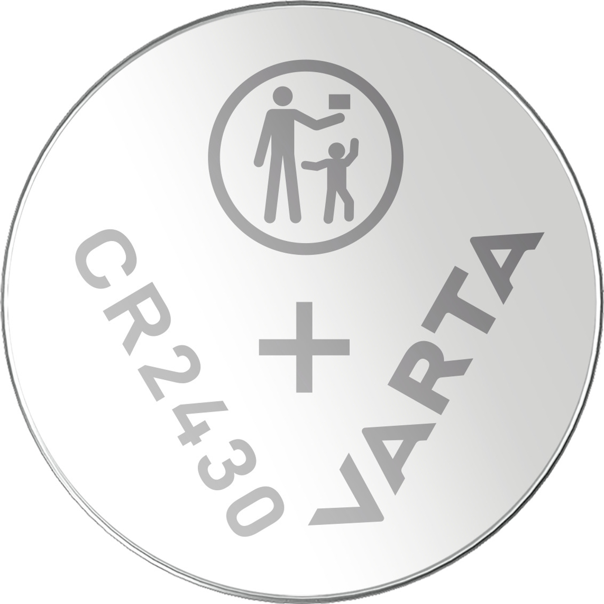 Zilveren batterijcel met CR2430, plusteken en VARTA-tekst, met kinderveiligheidspictogram.