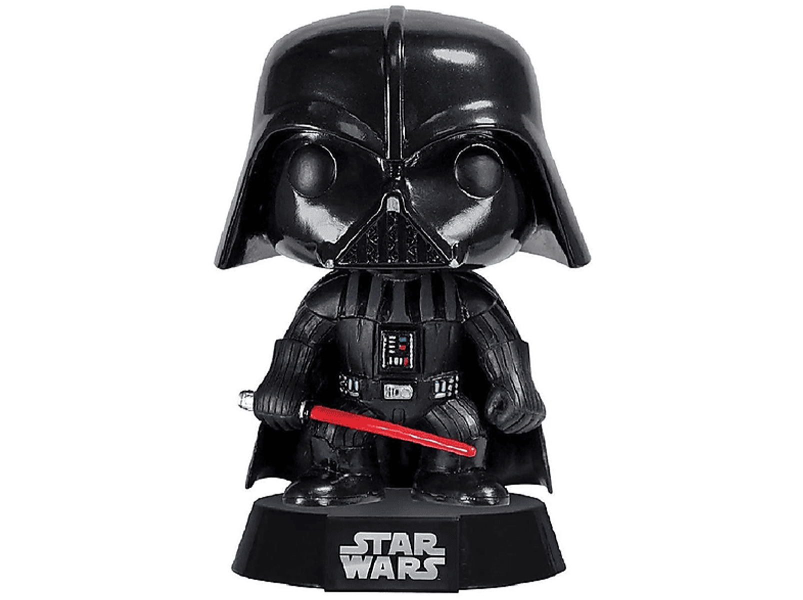 Figurka Funko Pop Dartha Vadera trzymająca miecz świetlny. Jest czarna na czarnej podstawie.