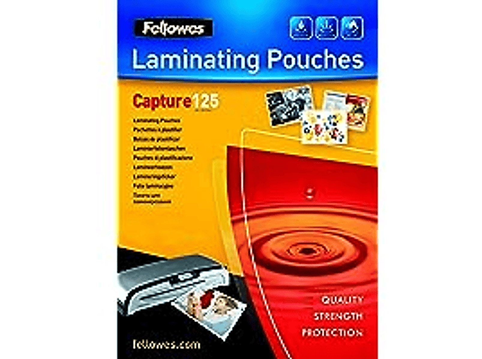 Fellowes Laminierfolien Verpackung. Gelb, rot und schwarz.