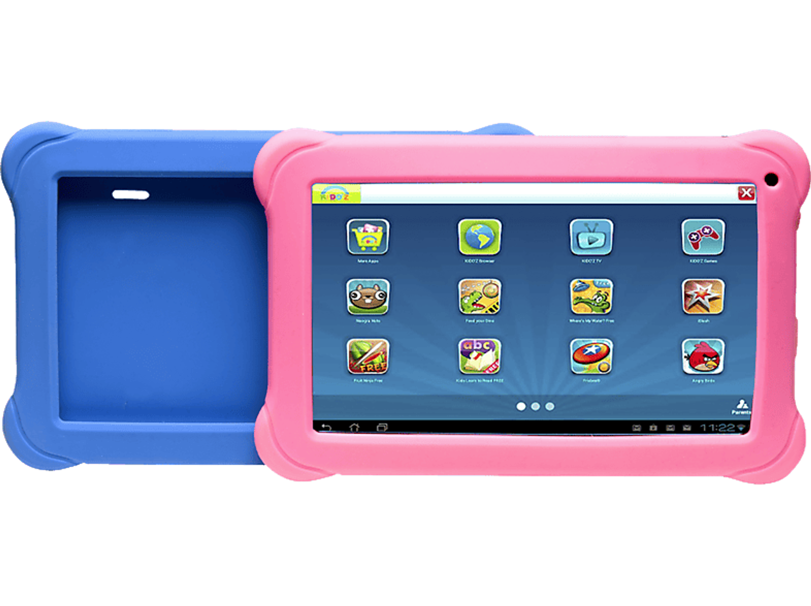 Tableta para niños azul y rosa con pantalla táctil que muestra iconos de aplicaciones.