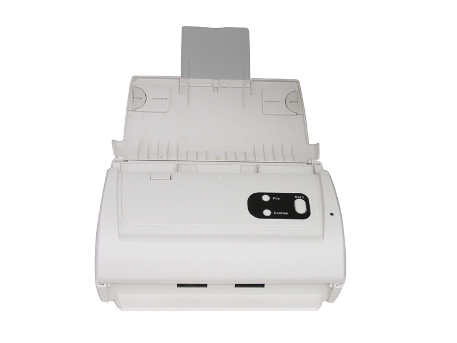 Scanner bianco con coperchio aperto. Ha pulsanti file, personalizza e scansiona.