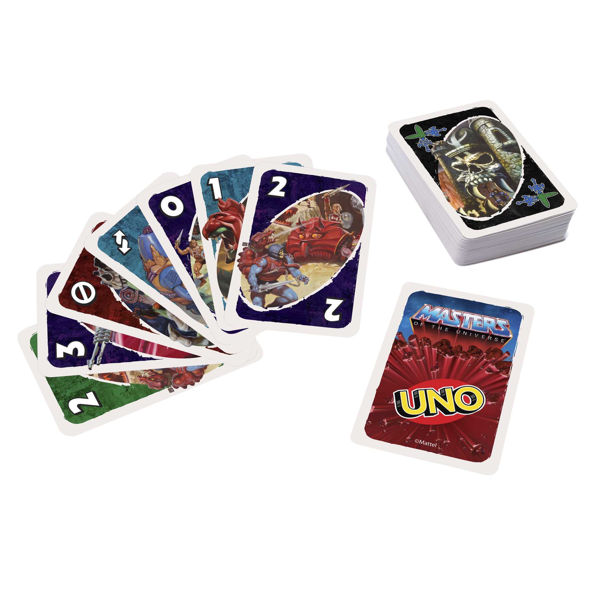 Jeu de cartes Uno : Cartes avec des personnages de Masters of the Universe, avec un jeu de cartes.