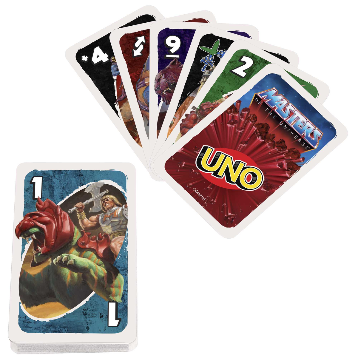 Jeu de cartes Uno : Cartes avec des personnages de Masters of the Universe et un jeu.