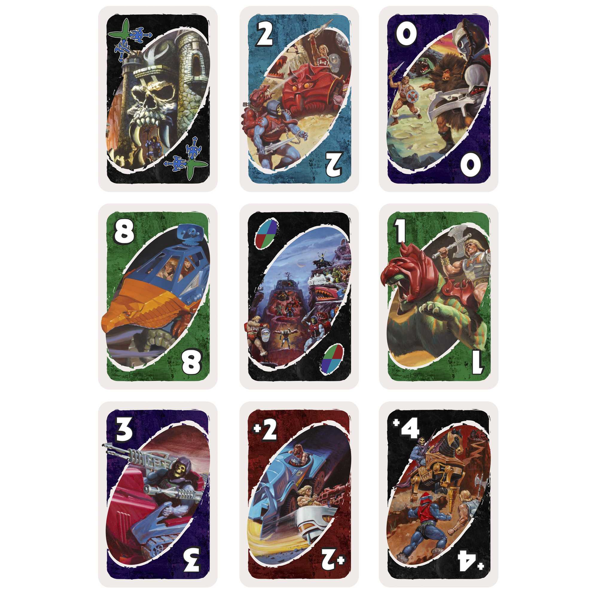 Un ensemble de cartes Uno, avec des personnages de Masters of the Universe dans diverses scènes.