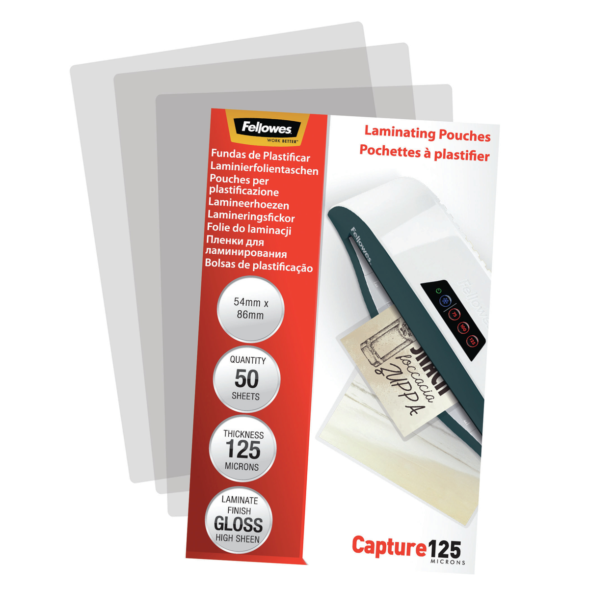 Laminierbeutel-Packung mit Text und einem Laminiergerät.