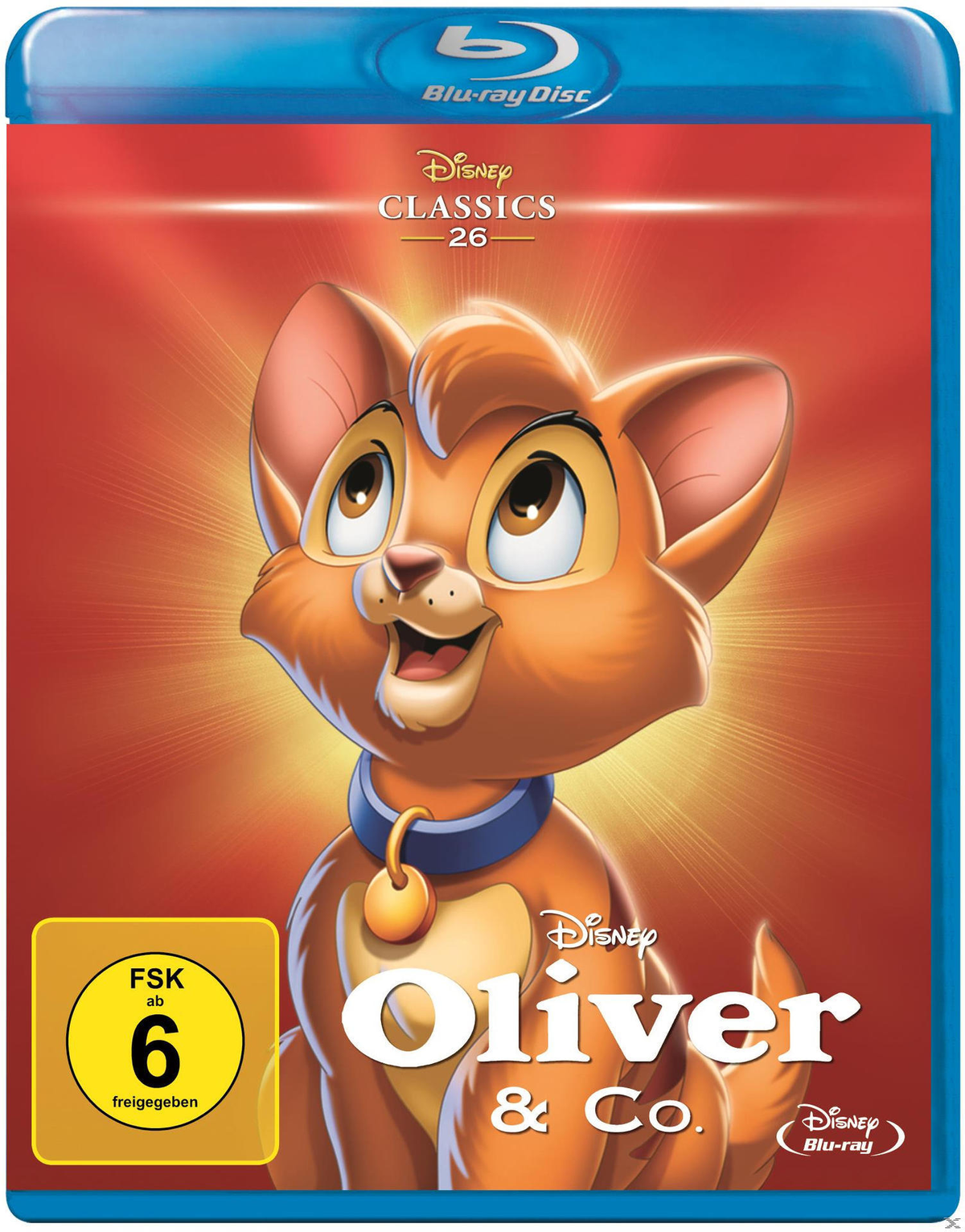 Zeichentrickfilmcover von 'Oliver & Co.' Eine Zeichentrickkatze mit blauem Halsband blickt nach oben.