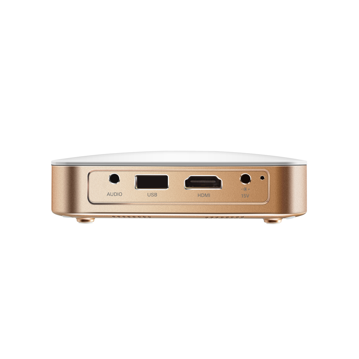Dispositivo dorado con puertos de audio, USB y HDMI visibles.