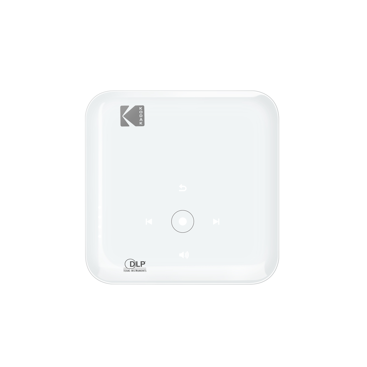 Un proyector Kodak blanco con botones de control y el logotipo de Kodak. El proyector está sobre una superficie blanca.