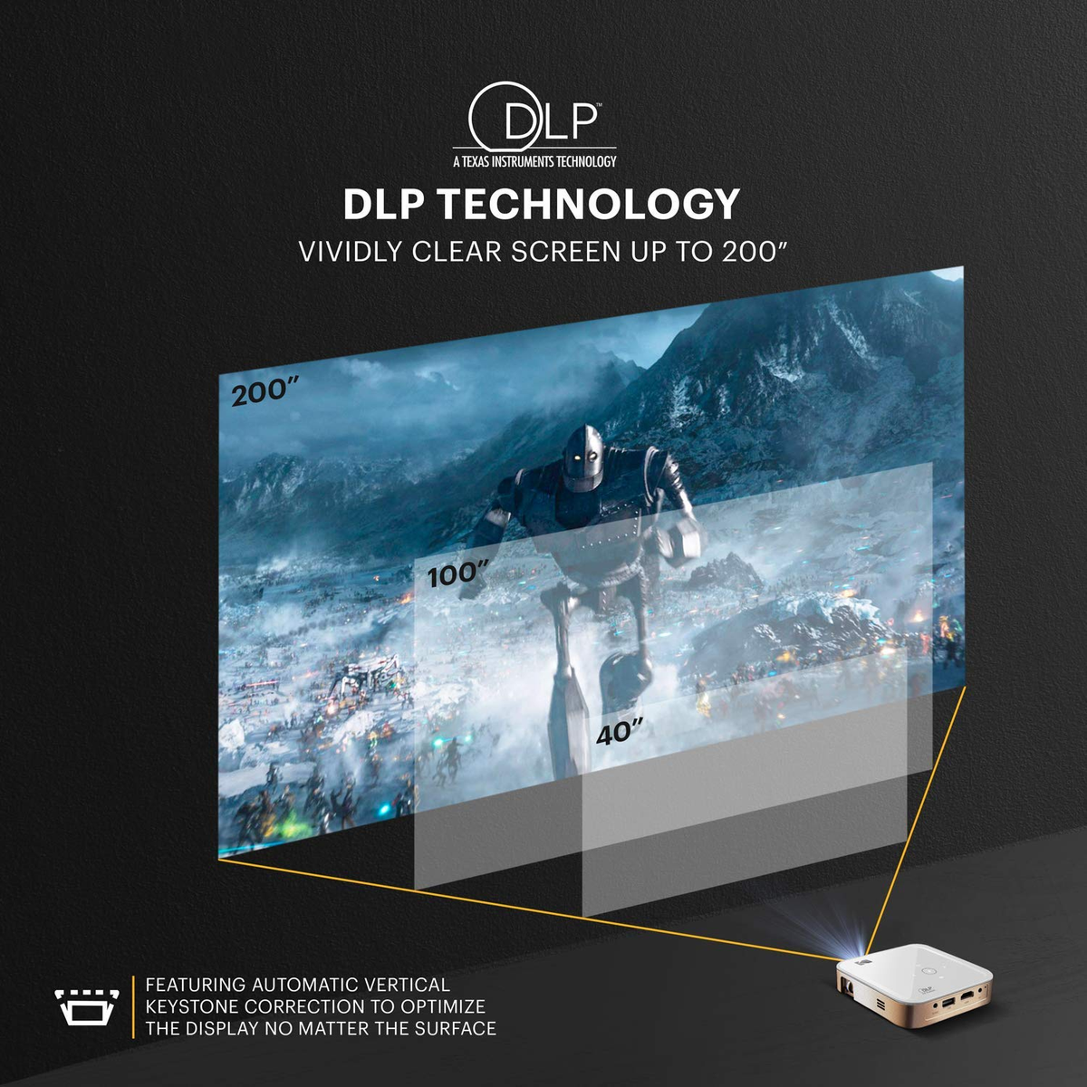 Imagen del proyector DLP muestra un robot y texto 'DLP Technology' con tamaños de pantalla hasta 200".