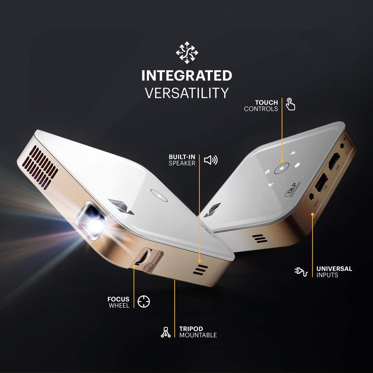 Un proyector blanco y dorado con controles táctiles, entradas universales y altavoz integrado.