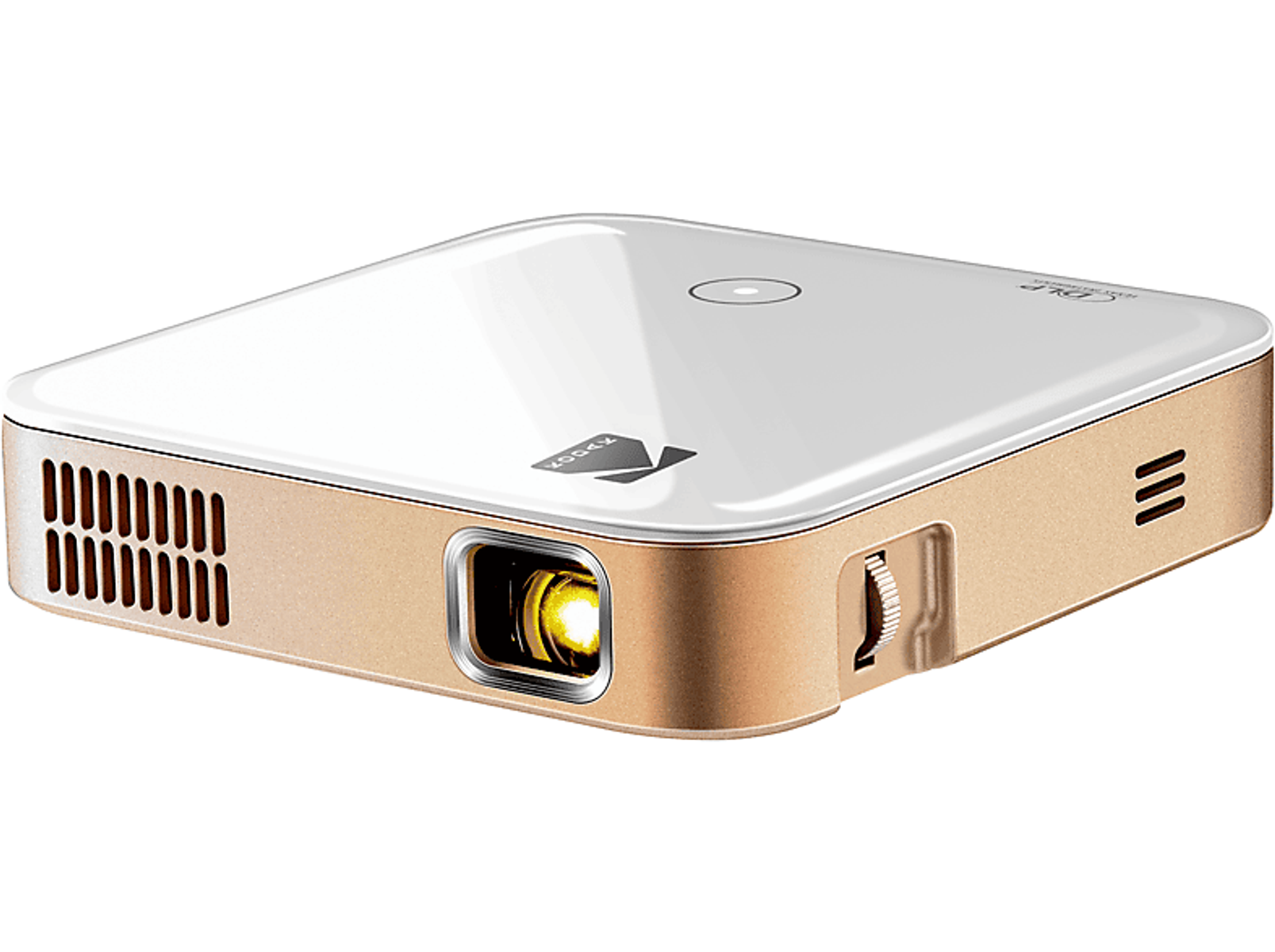 Un proyector dorado y blanco con una lente iluminada.
